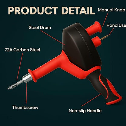 42 FT Drain Snake Hair Drain Clog Remover, Manual Or Powered, Plumbing Snake With Drill Adapte,Unclog Sink Drain Tool, Drain Auger for Toilet、Shower、Kitchen、Sink, No Auto Retract Or Feed, Red