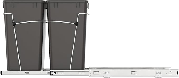 Rev-A-Shelf Double 27 Qt Pullout Trash Can for Base Kitchen Cabinets, Garbage Waste Bin System with Full Extension Slides, Min Opening Width of 11.5", Orion Gray, RV-15KD-13C-S
