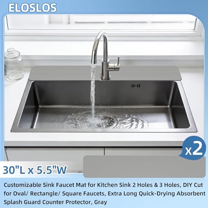 2Pcs 30"L x 5.5"W Customizable Sink Faucet Mat for Kitchen Sink 2 Holes & 3 Holes, DIY Cut for Oval/Rectangle/Square Faucets, Extra Long Quick-Drying Absorbent Splash Guard Counter Protector, Gray