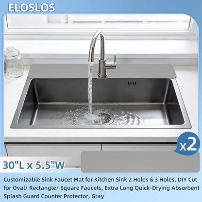 2Pcs 30"L x 5.5"W Customizable Sink Faucet Mat for Kitchen Sink 2 Holes & 3 Holes, DIY Cut for Oval/Rectangle/Square Faucets, Extra Long Quick-Drying Absorbent Splash Guard Counter Protector, Gray