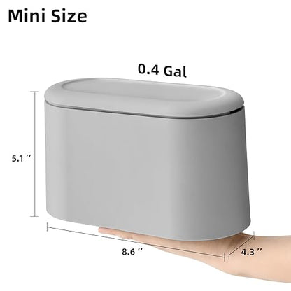 SUBEKYU 0.5 Gal Mini Countertop Trash Can with Lid for Desktop, Small Garbage Can for Office, Tiny Wastebasket, Plastic, Light Grey