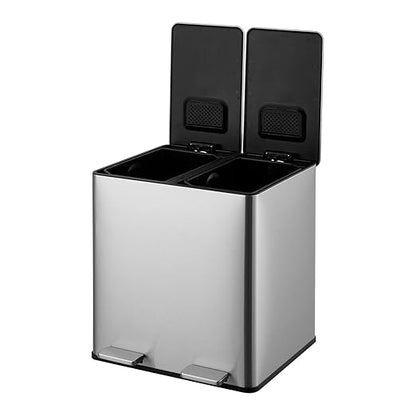Garvee 2 x 4 gal Dual Compartment Trash Can for Kitchen - Stainless Steel Step Garbage Bin with Removable Buckets, Odor Control Filter & Soft-Close Lid | Recycling & Waste Separation Rubbish Bin