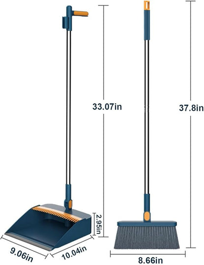 37.8in Broom and Dustpan Set Foldable Hand Broom for Home & Kitchen with Rotatable Standing Storage, Buckle Type Broom with Dustpan Combo Set Outdoor Brooms Cleaning Tool Apartment Essentials (Blue)