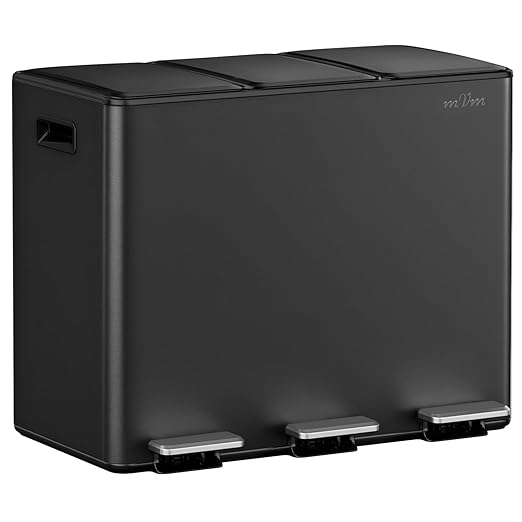 mVm 3 Compartment Trash Can, 12 Gal (3 x 4Gal) Triple Trash Can with Double Layer Lids, Modern Kitchen Office Garbage Can（Black）