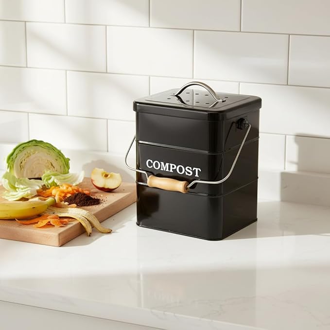 Compost Bin Kitchen Countertop Indoor Compost Pail Bucket, Great for Food Scraps, Carbon Steel, Handles, Black, 1 Gallon - Includes Charcoal Filter