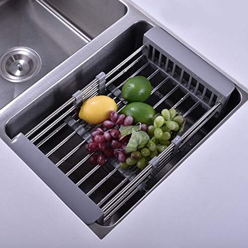 Sink Dish Drying Rack, Stainless Steel Drainer for 10.7"-17" Sinks, Kitchen Countertop Organizer for Dishes, Vegetables, and Fruits (Grey & Small)