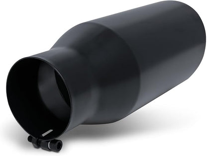M-AUTO 5" Inlet and 7" Outlet Universal Muffler 15" Overall Length, Heavy Duty Stainless Steel Auto Accessories Roll and Angle Cut Tip for Car Pickup Trucks, Black