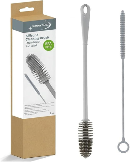 Silicone Bottle Brush & Silicone Straw Cleaner Set – 12.5” Long Handle, Flexible, Odor-Resistant, Dishwasher Safe – for Water Bottles, Baby Bottles, Tumblers & Straws (Grey)