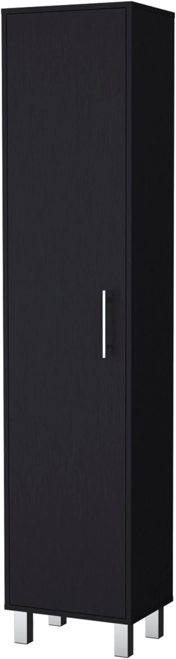 Storage Cabinet, Single Door Freestanding Black Cabinet with 3 Broom Hangers & 5 Interior Shelves, Modern Particle Board Melamine Kitchen Organizer, 11.73" D x 15.75" W x 70.87" H