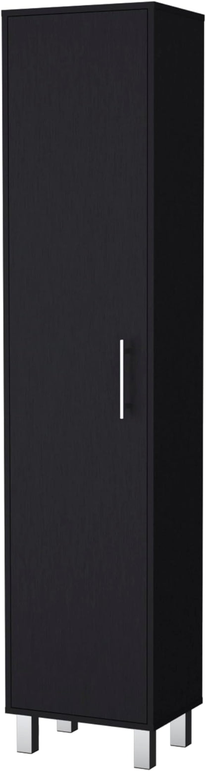 Storage Cabinet, Single Door Freestanding Black Cabinet with 3 Broom Hangers & 5 Interior Shelves, Modern Particle Board Melamine Kitchen Organizer, 11.73" D x 15.75" W x 70.87" H