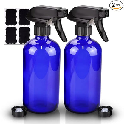 Wedama Glass Spray Bottle, 2 Pack Blue 16 oz Glass Spray Bottles for Cleaning Solutions and Essential Oils, Refillable Empty Spray Bottle with Adjustable Nozzles for Alcohol, Plant and Hair Care