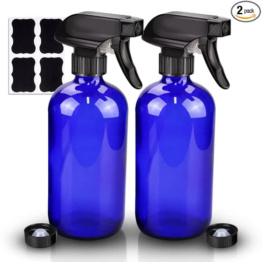 Wedama Glass Spray Bottle, 2 Pack Blue 16 oz Glass Spray Bottles for Cleaning Solutions and Essential Oils, Refillable Empty Spray Bottle with Adjustable Nozzles for Alcohol, Plant and Hair Care