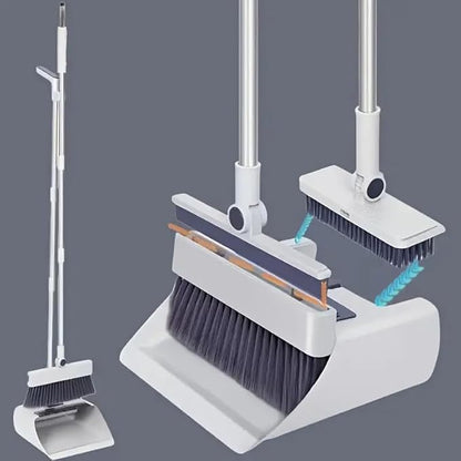 4-in-1 Broom and Dustpan Set with Floor Brush, White Stainless Steel Long Handle, Upright Standing Design for Home Office Kitchen, Squeegee Cleaning Tools Combo