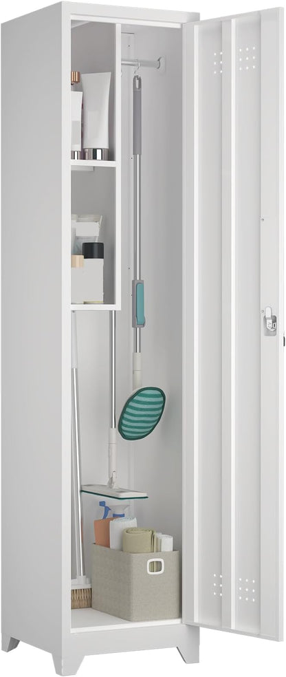 65" Metal Broom Storage Cabinet with Lock, Slim Freestanding Broom Closet Organizer with Adjustable Shelves and Hooks White Tall Utility Cabinet for Mop Broom Small Vacuum Garage Laundry Room