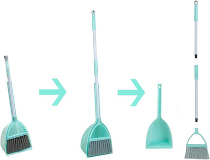 Mini Broom and Dustpan and Telescopic Rod Long Handle Broom, Camping Cleaning Tools, Light Blue