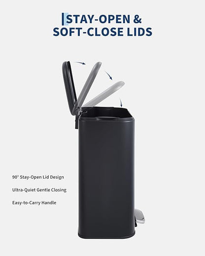 OUTLANE Bathroom Trash Can with Lid Soft Close, Step Pedal, 20 Liter / 5.2 Gallon Kitchen Trash Can,Stainless Steel Trash Bin for Bedroom, Office, Kitchen, Black