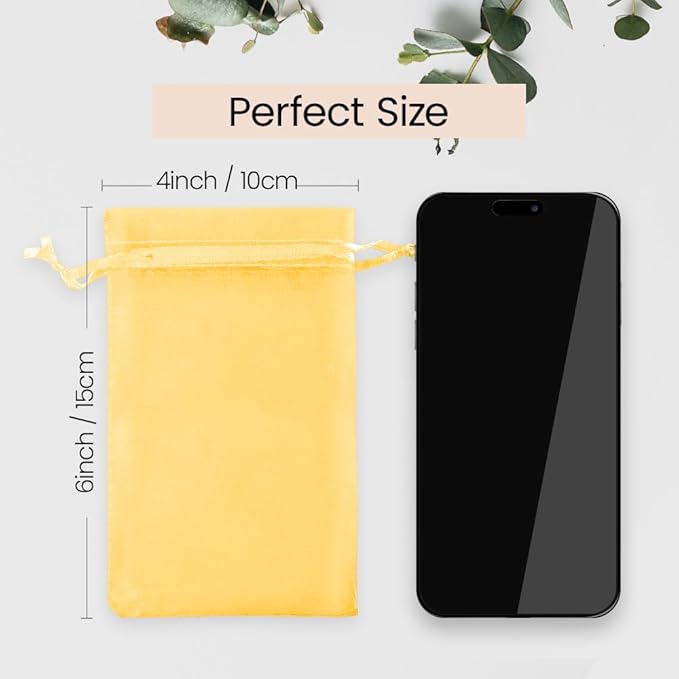 Meowoo 100PCS Organza Bags, 4x6in Small Mesh Bags Drawstring, Mesh Gift Bags Drawstring for Jewelry, Candy, Christmas, Sachets, Festivals, Bathroom Soaps, Makeup Organza, Wrapping Supplies(yellow)