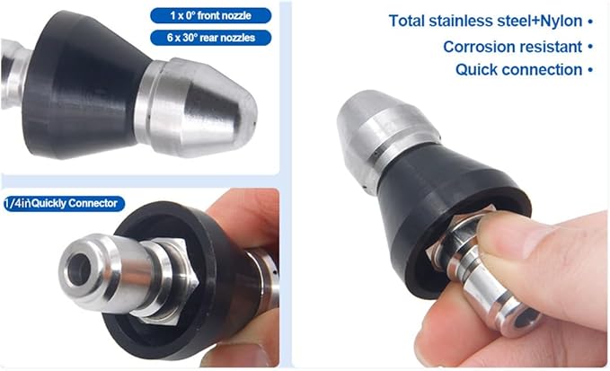 MIZORLIE Pressure Washer Sewer Jetter Nozzle with Stainless Steel, Durable Design Sewer Jet Nozzle,Pressure Drain Jetter Hose Nozzle,1/4'' Quickly Connector, 5000 PSI Orifice 6.5