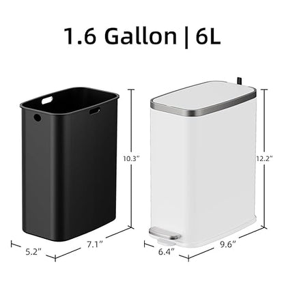 KdbK Stainless Steel Bathroom Trash Can with Lid Soft Close,1.6 Gallon Slim Garbage can,Small Metal Step Wastebasket for Office, Bedroom, Toilet, White