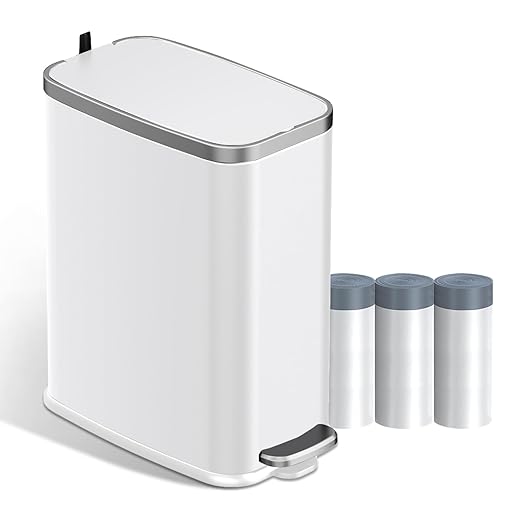 KdbK Stainless Steel Bathroom Trash Can with Lid Soft Close,1.6 Gallon Slim Garbage can,Small Metal Step Wastebasket for Office, Bedroom, Toilet, White