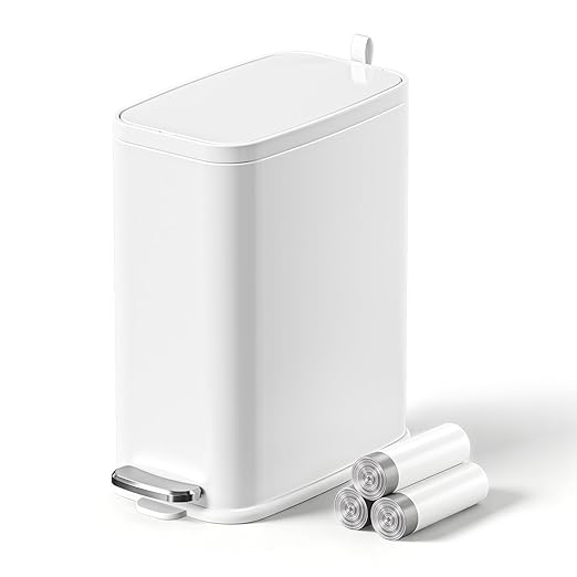 Small Bathroom Trash Can with Lid Soft Close, Step Pedal, 1.6 Gallon White Stainless Steel Garbage Can with Removable Inner Bucket, Includes 60 Trash Bags for Home Bedroom