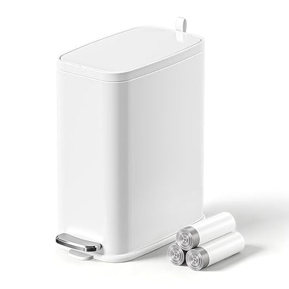 Small Bathroom Trash Can with Lid Soft Close, Step Pedal, 1.6 Gallon White Stainless Steel Garbage Can with Removable Inner Bucket, Includes 60 Trash Bags for Home Bedroom
