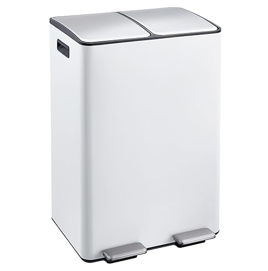 Takywep 2 x 8 Gal (2 x 30L) Kitchen Dual Trash Can, Stainless Steel Double Trash Can with 2 Removable Inner Buckets, Soft-Close Lid, Double Compartment Recycling Bin for Kitchen Home Office, White