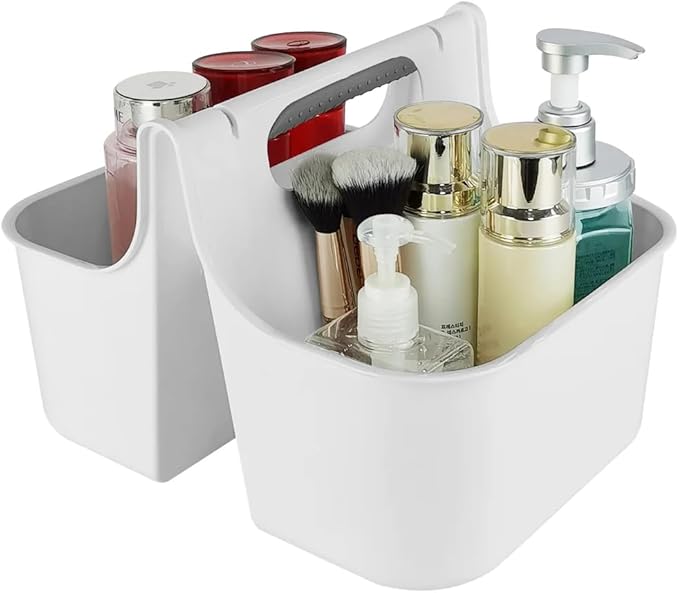 J&V TEXTILES Portable Shower Caddy, Bathroom Organizer Basket, Perfect Size for Dorm/College, Plastic Bath Tote, Dries Quickly with Drainage Holes, Soft Grip Carrying Handle (White, Medium)