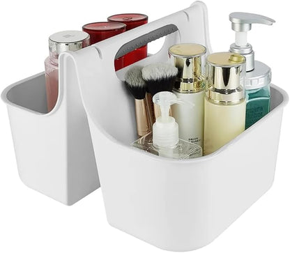 J&V TEXTILES Portable Shower Caddy, Bathroom Organizer Basket, Perfect Size for Dorm/College, Plastic Bath Tote, Dries Quickly with Drainage Holes, Soft Grip Carrying Handle (White, Medium)