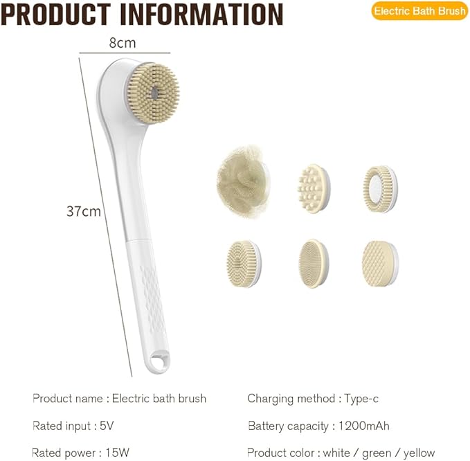 Electric Body Brush Set, Electric Body Brush for Shower, exfoliating Bath Brush with Long Handle, for Shower Lotion applicator, Back Silicone Body Scrub, with 6 Shower Brush Heads (White)