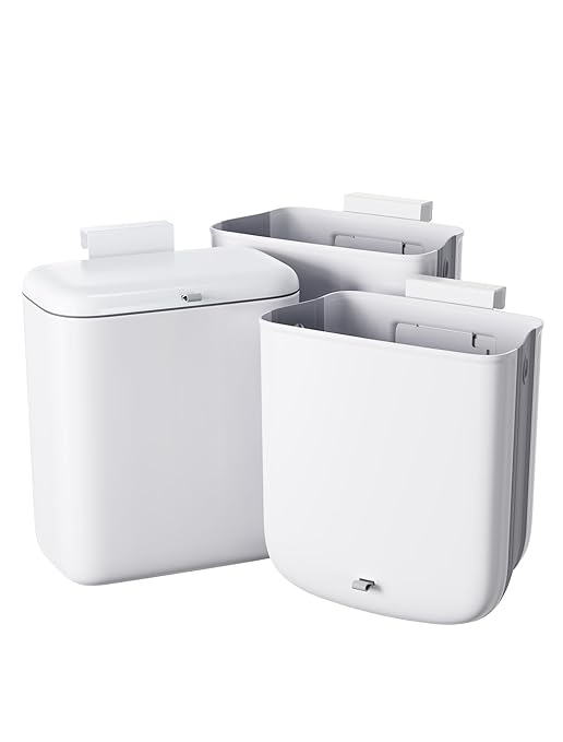 Wall Mounted Kitchen Compost Bin with Lid, Hanging Trash Can for Cabinet Door, White Plastic Food Scrap Bin for Kitchen Counter and Under Sink, 2.3 Gal Bin with 2 Pack 2 Gal Folding Hanging Trash Cans