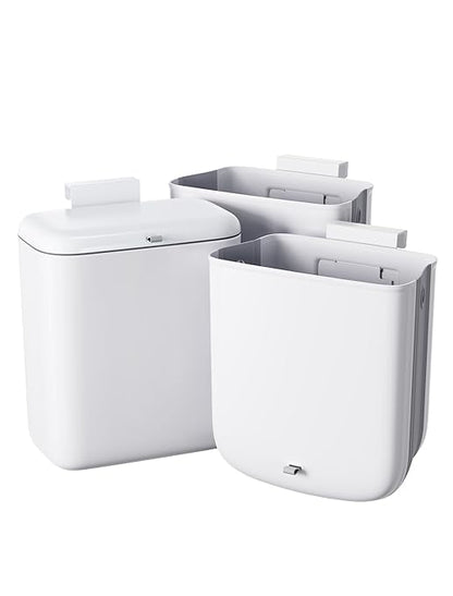 Wall Mounted Kitchen Compost Bin with Lid, Hanging Trash Can for Cabinet Door, White Plastic Food Scrap Bin for Kitchen Counter and Under Sink, 2.3 Gal Bin with 2 Pack 2 Gal Folding Hanging Trash Cans