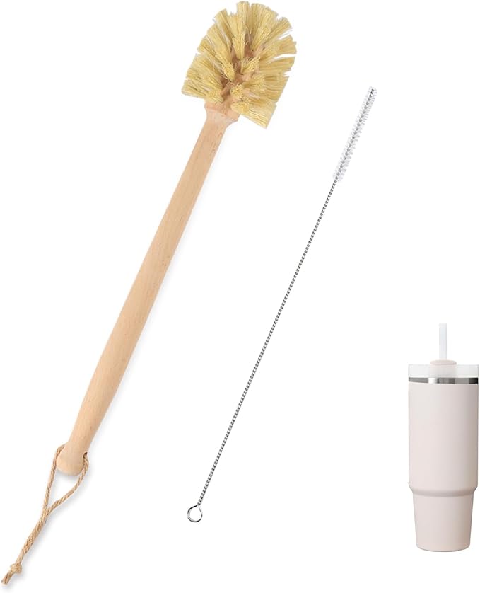 Long Handle Bottle Brush,Wooden Cleaning Brush with Straw Brush,Built for Stanley Cup, Sports Bottles and Coffee Mugs