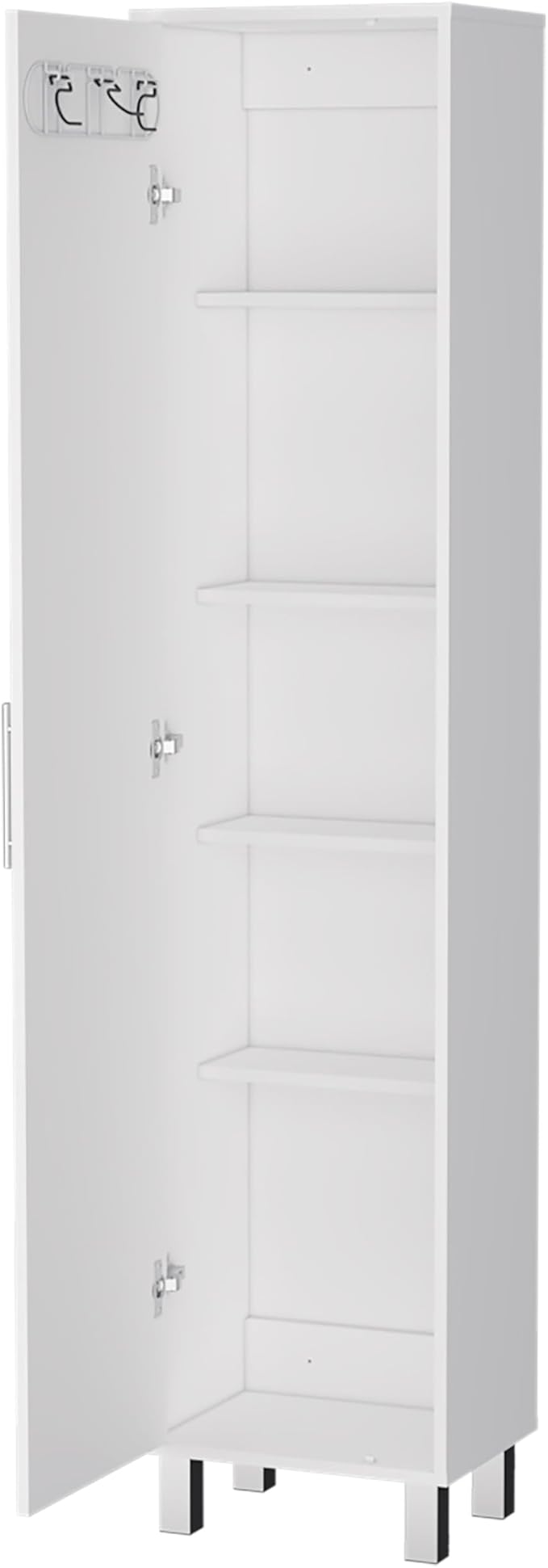 Tall Storage Cabinet Single Door with 3 Broom Hangers White Particle Board 5 Interior Shelves 11 in D x 14.4 in W Ergonomic Freestanding Organizer for Laundry Mudroom Closet