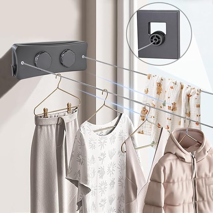 Retractable Clothesline Indoor & Outdoor, 16.7 Ft Clothes Line Outdoors Sag-Proof with Adjustable Tension & 2 Installation Ways, Laundry Rope for Pool Towels, Winter Coats(Grey)