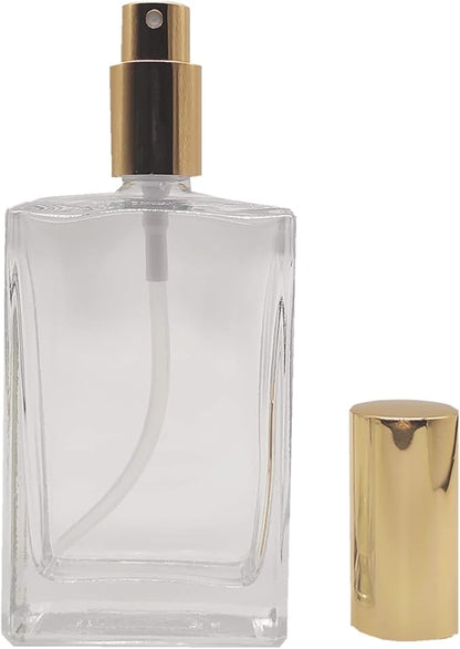 5PCS Square Glass Spray bottle,3.4oz Small Refillable Container with Fine Mist srpayer,Perfume bottle (100ml, Clear+Gold)