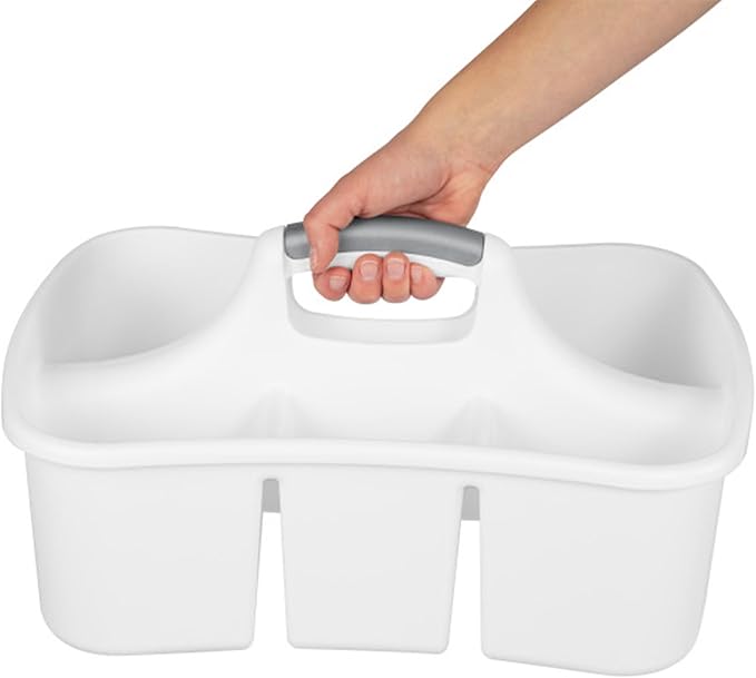 Sterilite Divided Ultra Caddy, Plastic, Portable Storage to Hold Bathroom and Cleaning Supplies, 5 Large Compartments and Handle, White, 12-Pack