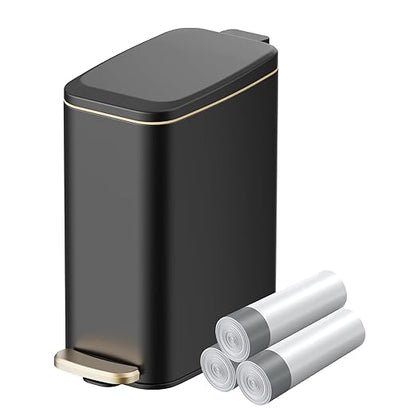 KUK Slim Bathroom Trash Can with Lid, 1.6 Gal / 6L Stainless Steel Small Garbage Bin with Detachable Inner Bucket, Step Pedal, Silent Close, Wastebasket for Toilet, Bedroom, Home, Office (Black)