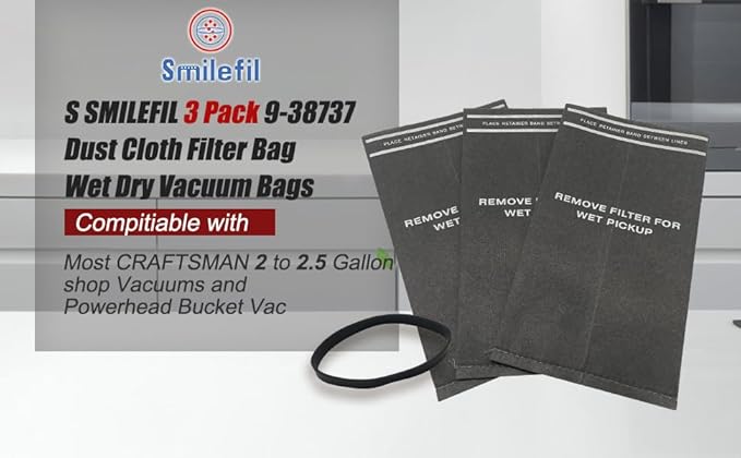 38737/CMXZVBE38737 Wet/Dry Vac Filter Bags for Craftsman 2 to 2.5 Gallon Wet/Dry Vacuums and Powerhead Bucket Vac, Part# CMXZVBE38737 / 9-38737