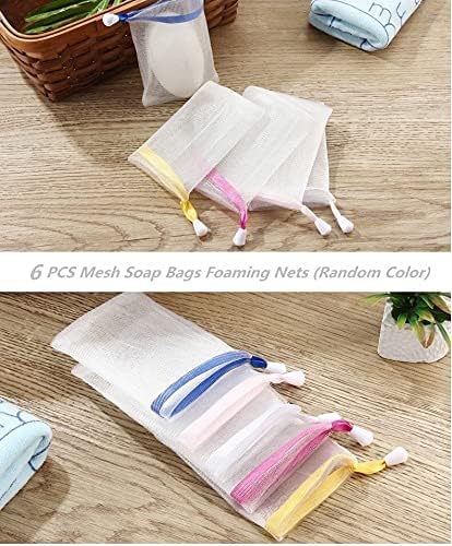 FULINJOY 6 PCS Exfoliating Mesh Soap Saver Pouch Bag Sack, Face Cleansing Foaming Nets, White Pouch with Drawstring (Color Random)