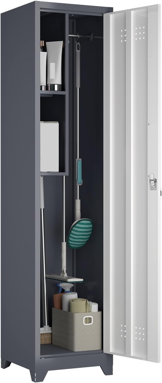 65'' Metal Broom Cabinet with Lock Heavy-Duty Cleaning Storage Cabinet with Adjustable Hooks and Shelves Narrow Freestanding Utility Storage Gray Cleaning Supply Organizer for Laundry Room Garage