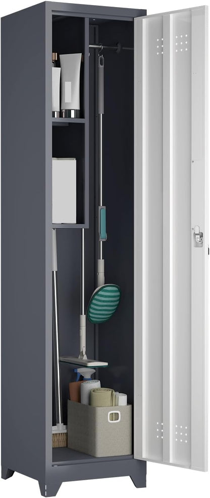 65'' Metal Broom Cabinet with Lock Heavy-Duty Cleaning Storage Cabinet with Adjustable Hooks and Shelves Narrow Freestanding Utility Storage Gray Cleaning Supply Organizer for Laundry Room Garage