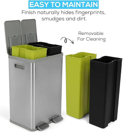 40 Liter Rectangular Hands-Free Dual Compartment Recycling Kitchen Step Trash Can with Soft-Close Lid, Brushed Stainless Steel (2 x 20L Capacity)