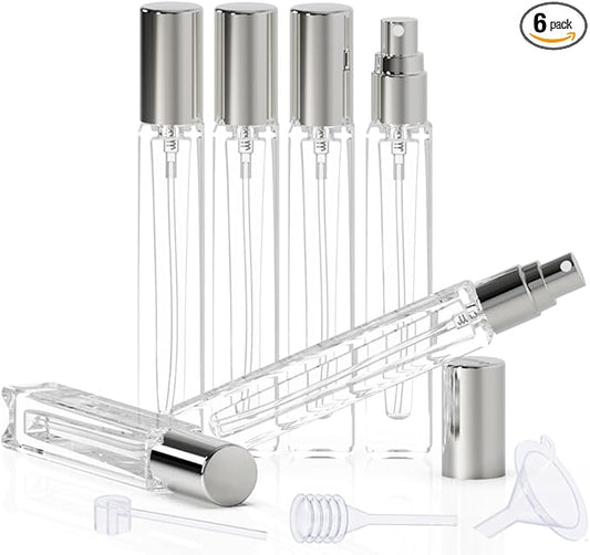 6PCS 10ml Mini Glass Spray Bottles, Fine Mist Refillable Portable Travel Perfume Atomizers (Silvery)