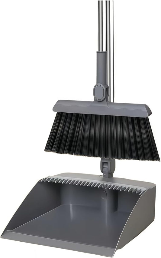 Broom and Dustpan Set, Long Handle Standing Broom with Self-Cleaning Comb Teeth, Heavy Duty Broom Dustpan Combo for Home Kitchen Office Floor Pet Hair Cleaning (Gray)