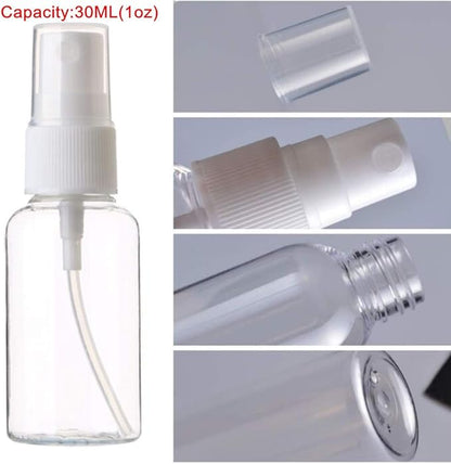 SINIDE Spray Bottles 30 ml/1 oz, 4 Pack Clear Empty Fine Mist Plastic Mini Travel Bottle Set, Portable Refillable Makeup Sprayer Containers for Perfume, Liquids, Aromatherapy, Small Size