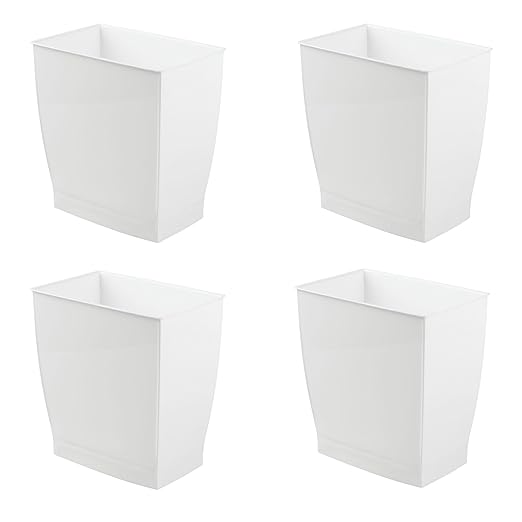 iDesign Small Plastic Bathroom Trash Can, Slim Rectangle Garbage Bin for Bedroom, Office, Dorm, 4-Pack, White