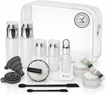 14 Pcs Glass Travel Skincare Containers Set-TSA Approved Toiletry Bag & Glass Travel Bottles for Toiletries Pump, Spray & Dropper Bottles Travel Size for Foundation, Serum Moisturizer Oil & Cream