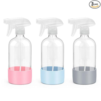 Rionisor Glass Spray Bottles with Silicone Sleeve Protection, Empty 16 oz Refillable Containers, Reusable Spray Bottles with Adjustable Nozzle for Hair, Cleaning Solutions, 3 Pack Grey&Blue&Pink