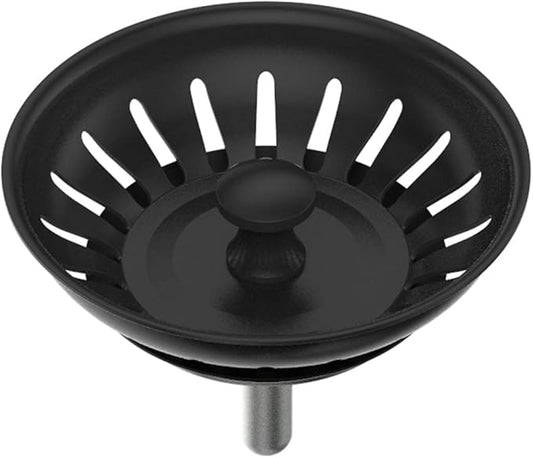 KANARY Kitchen Sink Basket Strainer Replacement for Standard Drains (3-1/2 Inch) Stainless Steel Body with Rubber Stopper (Single, Matte Black)
